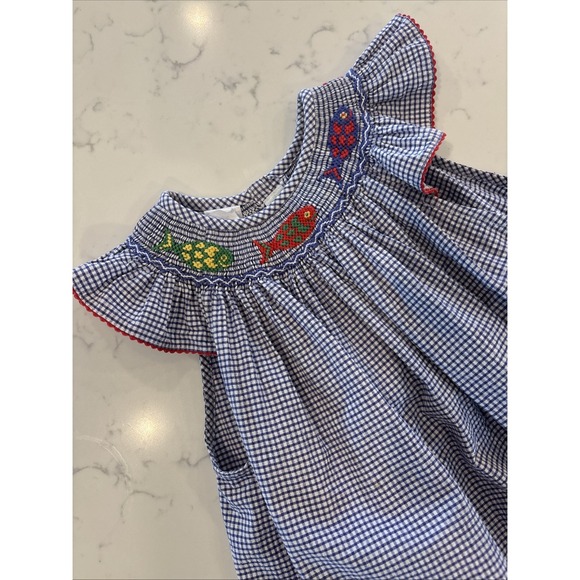 VIVE LA FETE Blue Gingham Cotton  SMOCKED Flutter Sleeve Dress Embroidery Sz 4T - Picture 1 of 8
